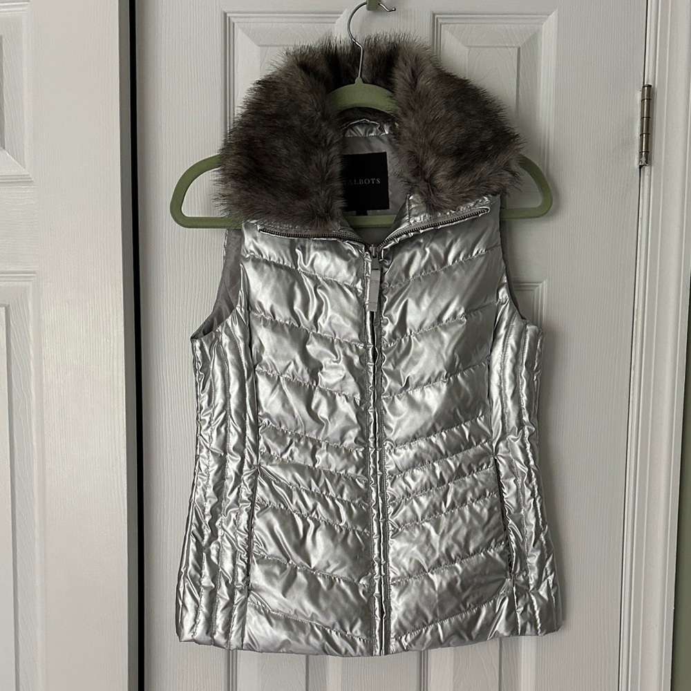 Talbots Silver Faux Fur Trim Removable Collar Down Vest size XS